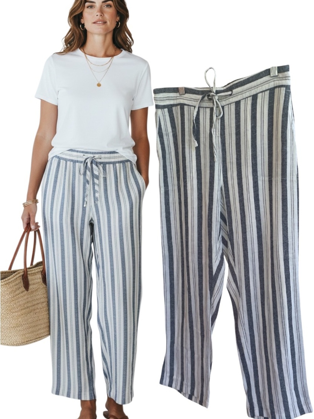 Striped Blue White Linen Blend Drawstring Ankle Pants Small Straight Leg Coastal